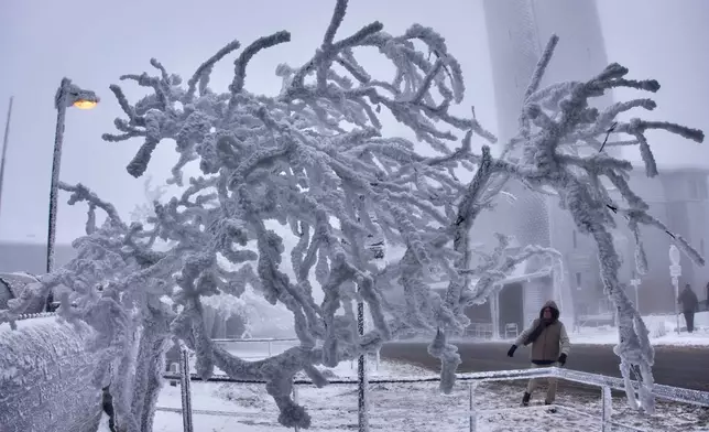 An ice covered tree is pictured on top of the Feldberg mountain near Frankfurt, Germany, Thursday, Jan. 8, 2026. (AP Photo/Michael Probst)