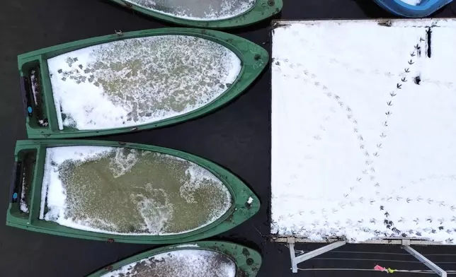 Rowboats at an abandoned jetty are covered with ice, as birds are the only customers in winter during a cold wave, bringing weather with snow and ice to the industrial Ruhr area in Gelsenkirchen, Germany, Thursday, Jan. 8, 2026. (AP Photo/Martin Meissner)