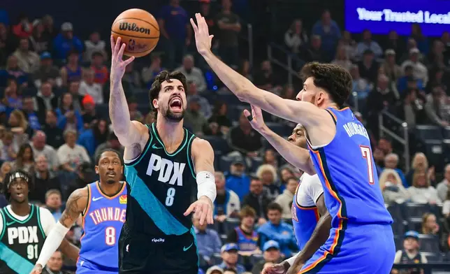 Portland Trail Blazers forward Deni Avdija (8) shoots over Oklahoma City Thunder center Chet Holmgren (7) during the first half of an NBA basketball game, Wednesday, Dec. 31, 2025, in Oklahoma City. (AP Photo/Kyle Phillips)