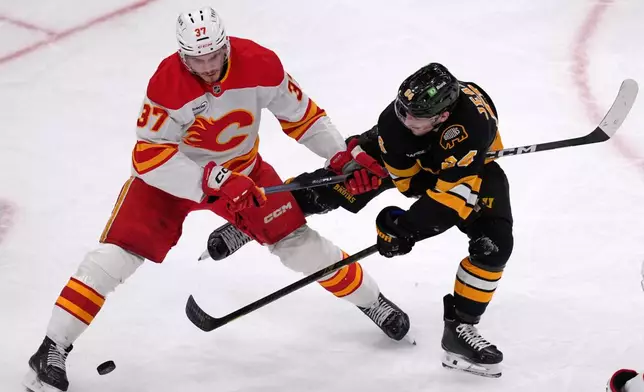 Calgary Flames defenseman Yan Kuznetsov (37) battles for the puck against Boston Bruins left wing Tanner Jeannot (84) during the second period of an NHL hockey game, Thursday, Jan. 8, 2026, in Boston. (AP Photo/Charles Krupa)