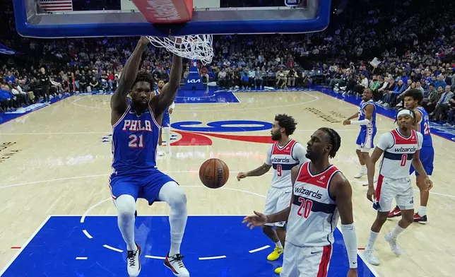 Philadelphia 76ers' Joel Embiid (21) dunks against Washington Wizards' Alex Sarr (20) during the first half of an NBA basketball game Wednesday, Jan. 7, 2026, in Philadelphia. (AP Photo/Matt Rourke)