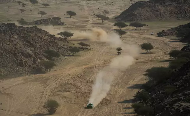 Driver Eryk Goczal and co-driver Szymon Gospodarczyk compete during the first stage of the Dakar Rally in Yanbu, Saudi Arabia, Sunday, Jan. 4, 2026. (AP Photo/Thibault Camus)