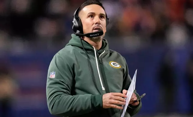 Green Bay Packers head coach Matt LaFleur reacts during the first half of an NFL wild-card playoff football game against the Chicago Bears Saturday, Jan. 10, 2026, in Chicago. (AP Photo/Erin Hooley)