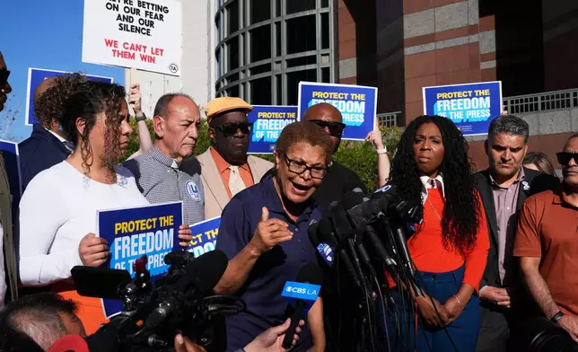 Los Angeles Mayor Karen Bass speaks to the media outside the Edward R. Roybal Federal Building in Los Angeles on Friday, Jan. 30, 2026. (AP Photo/Damian Dovarganes)