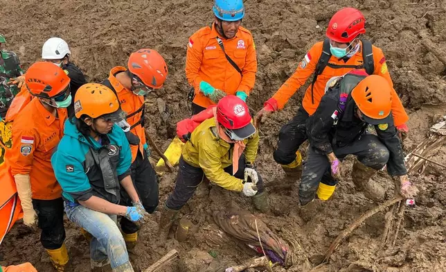 In this photo released by the Indonesian National Search and Rescue Agency (BASARNAS), rescuers search for victims in Pasir Langu village after a landslide, in West Bandung district of West Java province, Indonesia, Sunday, Jan. 25, 2026. (BASARNAS via AP)