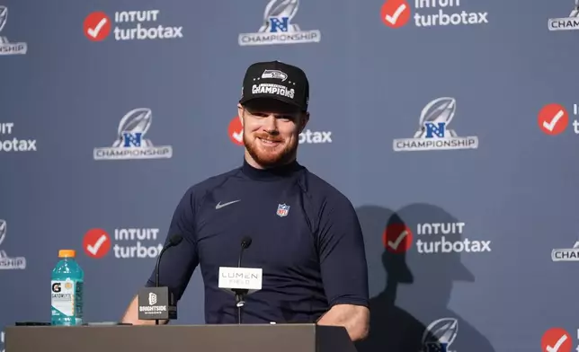 Seattle Seahawks quarterback Sam Darnold speaks during a news conference after the NFC Championship NFL football game against the Los Angeles Rams, Sunday, Jan. 25, 2026, in Seattle. (AP Photo/Lindsey Wasson)
