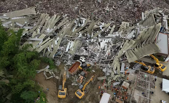 An aerial view after a huge mound of garbage collapsed at a waste segregation facility in Binaliw, Cebu city on Friday, Jan. 9, 2026. (AP Photo/Jacqueline Hernandez)