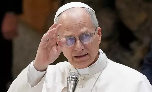 Pope Leo XIV holds his weekly general audience in the Pope Paul VI hall at the Vatican, Wednesday, Jan. 14, 2026. (AP Photo/Andrew Medichini)