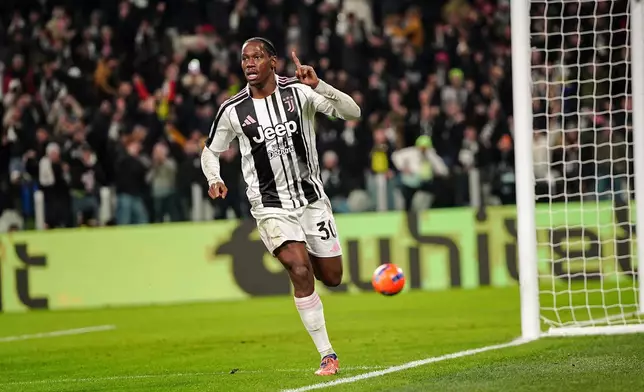 Juventus' Jonathan David celebrates scoring their side's first goal of the game during the Italian Serie A soccer match between Juventus and Napoli in Turin, Italy, Sunday, Jan. 25, 2026. (Marco Alpozzi/LaPresse via AP)