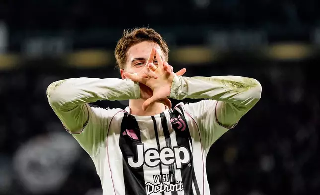 Juventus' Kenan Yildiz celebrates scoring their side's second goal of the game during the Italian Serie A soccer match between Juventus and Napoli in Turin, Italy, Sunday, Jan. 25, 2026. (Fabio Ferrari/LaPresse via AP)