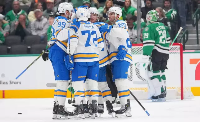 St. Louis Blues players celebrate a first period power play goal by right wing Jordan Kyrou, center right, as Dallas Stars goaltender Jake Oettinger, far right, looks on during an NHL hockey game Friday, Jan. 23, 2026, in Dallas. (AP Photo/Julio Cortez)