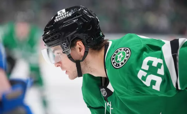 Dallas Stars center Wyatt Johnston waits fo the puck to drop against the St. Louis Blues during the first period of an NHL hockey game Friday, Jan. 23, 2026, in Dallas. (AP Photo/Julio Cortez)