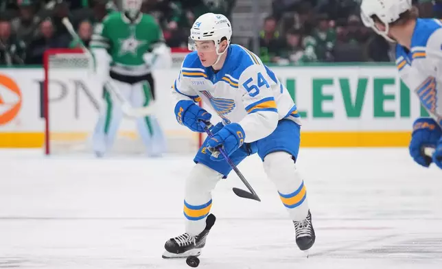 St. Louis Blues right wing Dalibor Dvorsky skates with the puck against the Dallas Stars during the first period of an NHL hockey game Friday, Jan. 23, 2026, in Dallas. (AP Photo/Julio Cortez)