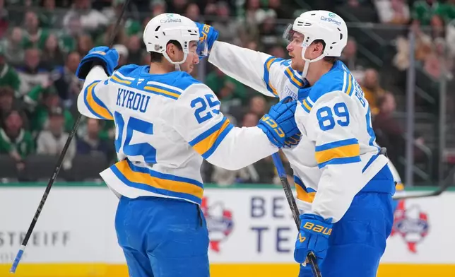 St. Louis Blues left wing Pavel Buchnevich (89) celebrates his second period goal with right wing Jordan Kyrou (25) during an NHL hockey game against the Dallas Stars Friday, Jan. 23, 2026, in Dallas. (AP Photo/Julio Cortez)