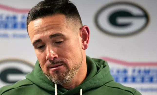 Green Bay Packers head coach Matt LaFleur talks after an NFL wild-card playoff football game against the Chicago Bears Saturday, Jan. 10, 2026, in Chicago. (AP Photo/Erin Hooley)