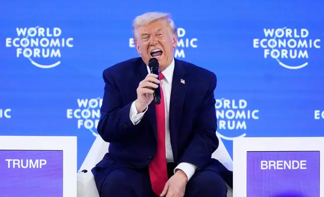 President Donald Trump speaks during the Annual Meeting of the World Economic Forum in Davos, Switzerland, Wednesday, Jan. 21, 2026. (AP Photo/Markus Schreiber)