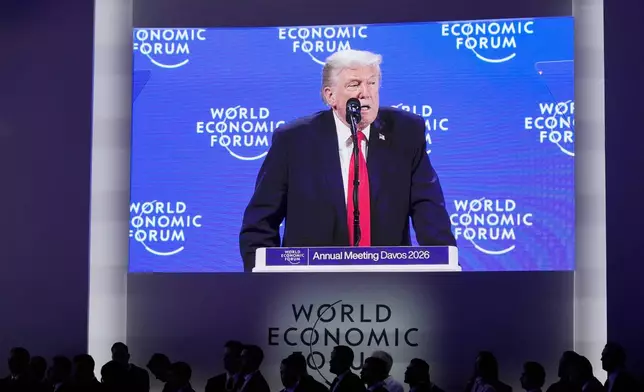 President Donald Trump speaks during the Annual Meeting of the World Economic Forum in Davos, Switzerland, Wednesday, Jan. 21, 2026. (AP Photo/Markus Schreiber)