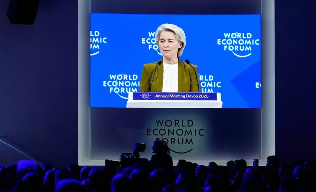 President of the European Commission Ursula von der Leyen talks during the Annual Meeting of the World Economic Forum in Davos, Switzerland, Tuesday, Jan. 20, 2026. (AP Photo/Markus Schreiber)