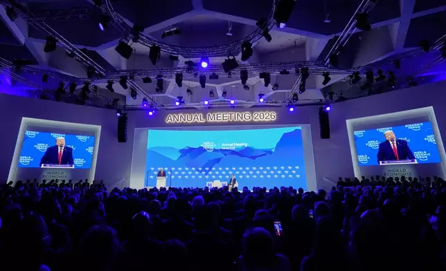 President Donald Trump speaks during the Annual Meeting of the World Economic Forum in Davos, Switzerland, Wednesday, Jan. 21, 2026. (AP Photo/Markus Schreiber)