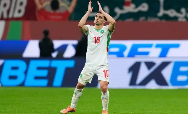 Morocco's Brahim Abdelkader Díaz reacts during the Africa Cup of Nations quarterfinal soccer match between Cameroon and Morocco, in Rabat, Morocco, Friday, Jan. 9, 2026. (AP Photo/Mosa'ab Elshamy)
