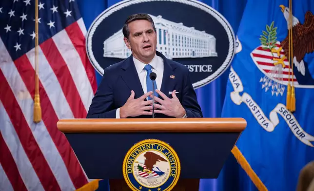 Deputy Attorney General Todd Blanche meets with reporters as the Justice Department announces the release of three million pages of documents in the latest Jeffrey Epstein disclosure in Washington, Friday, Jan. 30, 2026. (AP Photo/J. Scott Applewhite)