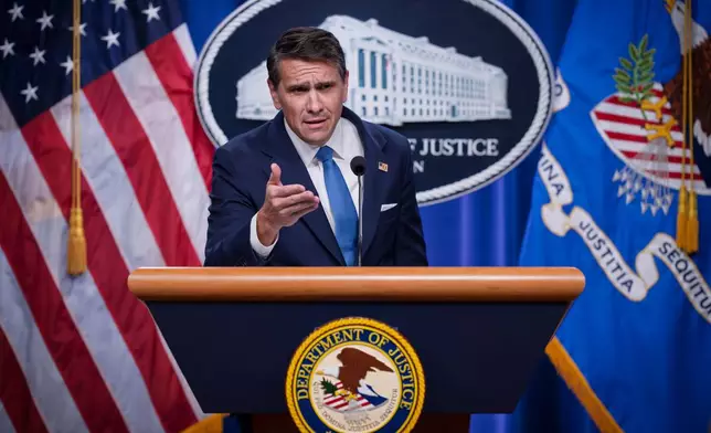 Deputy Attorney General Todd Blanche meets with reporters as the Justice Department announces the release of three million pages of documents in the latest Jeffrey Epstein disclosure in Washington, Friday, Jan. 30, 2026. (AP Photo/J. Scott Applewhite)