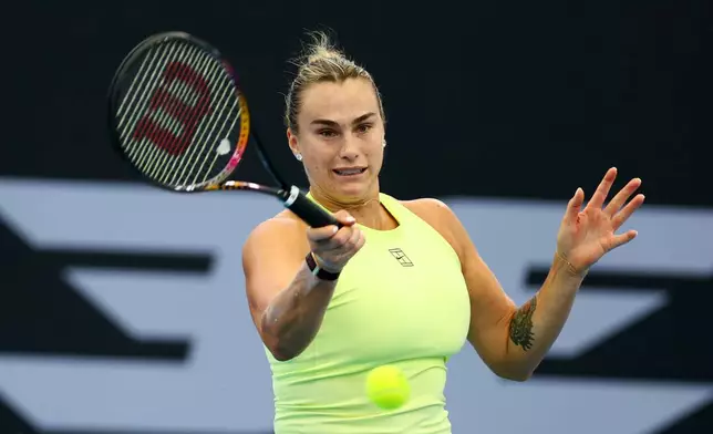 Aryna Sabalenka, of Belarus, plays a shot during her semifinal match against Karolína Muchova, of the Czech Republic, at the Brisbane International in Brisbane, Australia, Saturday, Jan. 10, 2026. (AP Photo/Tertius Pickard)