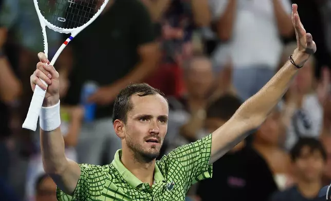 Daniil Medvedev of Russia waves to the crowd after he won his semifinal match against Alex Michelsen of the United States 6-4, 6-2, at the Brisbane International tennis tournament in Brisbane, Australia, Saturday, Jan. 10, 2026. (AP Photo/Tertius Pickard)