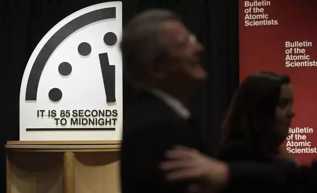 The Doomsday Clock of the Bulletin of the Atomic Scientists, set at 85 seconds to midnight, is displayed during a news conference at the Carnegie Endowment for International Peace, Friday, Jan. 23, 2026, in Washington. (AP Photo/Pablo Martinez Monsivais)