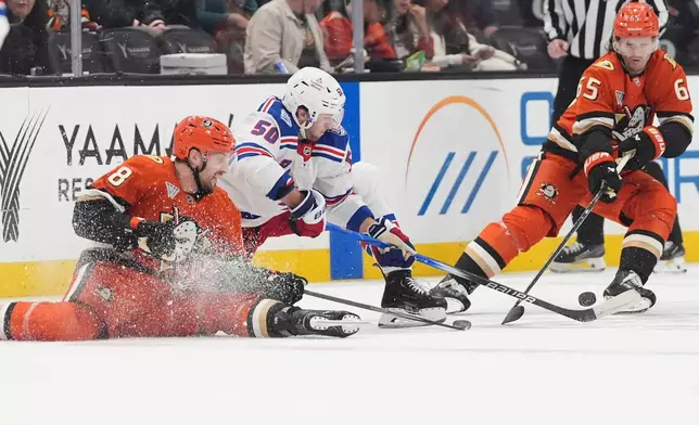Anaheim Ducks left wing Jeffrey Viel, left, battles New York Rangers left wing Will Cuylle, center for the puck with defenseman Jacob Trouba, right, during the first period of an NHL hockey game Monday, Jan. 19, 2026, in Anaheim, Calif. (AP Photo/Gregory Bull)