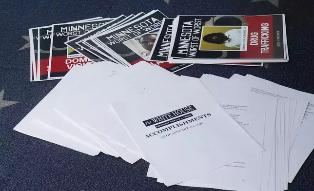 Documents lie on the briefing room floor as President Donald Trump speaks with reporters in the James Brady Press Briefing Room at the White House, Tuesday, Jan. 20, 2026, in Washington. (AP Photo/Alex Brandon)