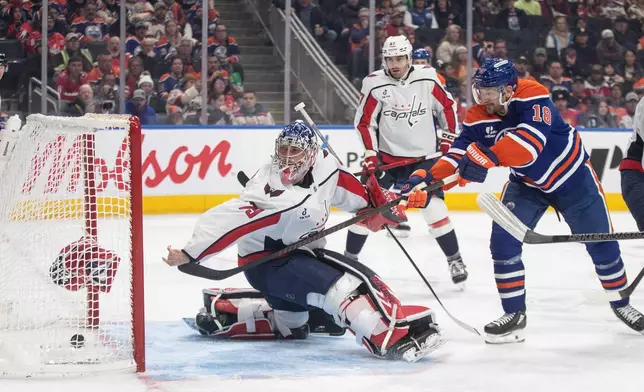 Washington Capitals goalie Charlie Lindgren (79) is scored on as Edmonton Oilers' Zach Hyman (18) knocks his glove off during the second period of an NHL game, in Edmonton on Saturday, Jan. 24, 2026. (Jason Franson/The Canadian Press via AP)