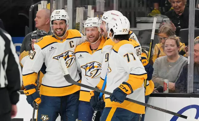 Nashville Predators center Steven Stamkos (91) celebrates his goal against the Vegas Golden Knights during the first period of an NHL hockey game, Wednesday, Dec. 31, 2025, in Las Vegas. (AP Photo/Candice Ward)