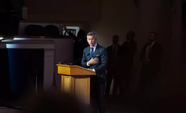 Transportation Secretary Sean Duffy speaks at an event honoring the 67 lives lost in the 2025 midair collision near DCA airport, Wednesday, Jan. 28, 2026, in Washington. (AP Photo/Allison Robbert)