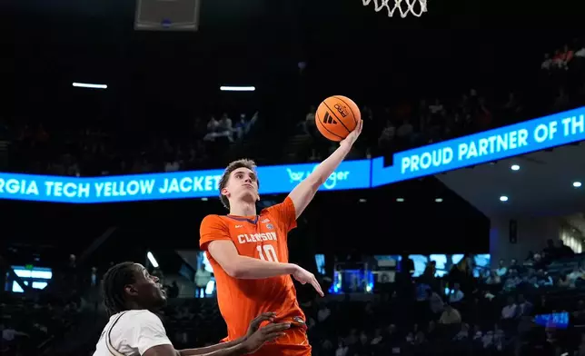 Clemson forward Jake Wahlin (10) shoots during the second half of an NCAA college basketball game against Georgia Tech, Saturday, Jan. 24, 2026, in Atlanta. (AP Photo/Brynn Anderson)