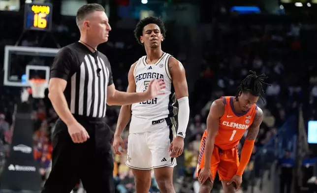 Georgia Tech guard Jaeden Mustaf (3) reacts to the referee during the second half of an NCAA college basketball game against Clemson, Saturday, Jan. 24, 2026, in Atlanta. (AP Photo/Brynn Anderson)