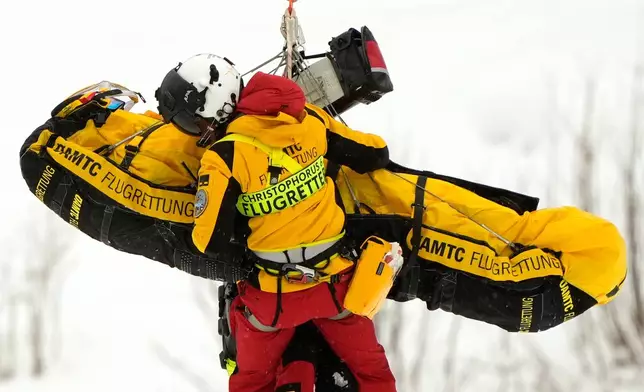 FILE - Austria's Magdalena Egger is lifted to a helicopter after crashing during an alpine ski, women's World Cup downhill, in Zauchensee, Austria, Jan. 10, 2026. (AP Photo/Marco Trovati, File)
