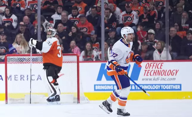 New York Islanders' Tony DeAngelo, right, reacts after scoring against Philadelphia Flyers' Samuel Ersson during the second period of an NHL hockey game Monday, Jan. 26, 2026, in Philadelphia. (AP Photo/Matt Slocum)