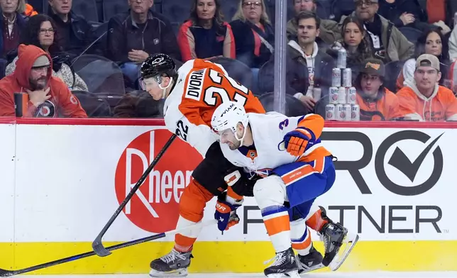Philadelphia Flyers' Christian Dvorak, left, tries to get past New York Islanders' Adam Pelech during the second period of an NHL hockey game Monday, Jan. 26, 2026, in Philadelphia. (AP Photo/Matt Slocum)