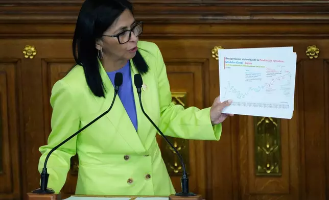 Venezuela's acting President Delcy Rodriguez delivers her first state of the union address at the National Assembly in Caracas, Venezuela, Thursday, Jan. 15, 2026. (AP Photo/Ariana Cubillos)