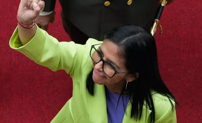 Venezuela's acting President Delcy Rodriguez arrives at the National Assembly in Caracas, Venezuela, Thursday, Jan. 15, 2026. (AP Photo/Ariana Cubillos)
