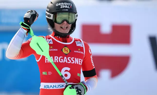 Switzerland's Camille Rast reacts at the finish line after winning an alpine ski, women's World Cup slalom, in Kranjska Gora, Slovenia, Sunday, Jan. 4, 2026. (AP Photo/Marco Trovati)