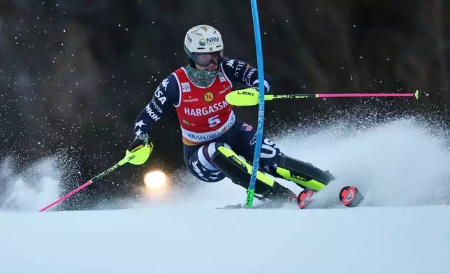 United States' Paula Moltzan speeds down the course during an alpine ski, women's World Cup slalom, in Kranjska Gora, Slovenia, Sunday, Jan. 4, 2026. (AP Photo/Marco Trovati)