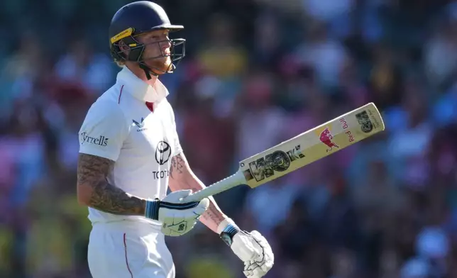 England's Ben Stokes walks from the field after he was dismissed during play on day four of the fifth and final Ashes cricket test between England and Australia in Sydney, Wednesday, Jan. 7, 2026. (AP Photo/Mark Baker)
