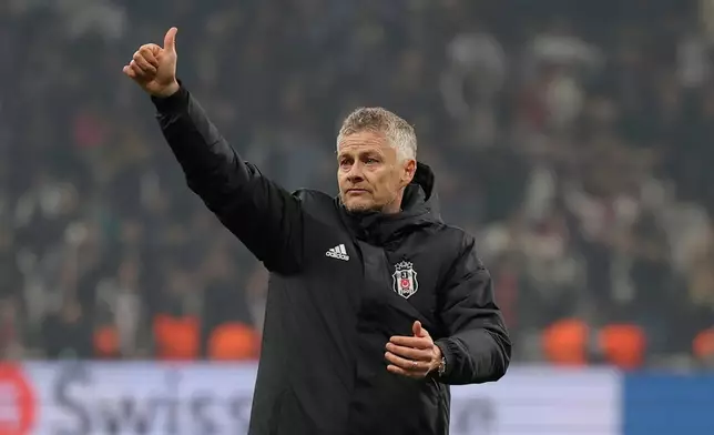 FILE - Besiktas' head coach Ole Gunnar Solskjaer, celebrates his team's victory after the Europa League opening phase soccer match between Besiktas and Athletic Bilbao at Besiktas stadium in Istanbul, Turkey, Wednesday, Jan. 22, 2025. (AP Photo, File)