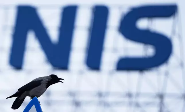 A raven stands on a petrol station roof in front of the NIS "Naftna industrija Srbije" (Petroleum Industry of Serbia) company logo on an office building in Belgrade, Serbia, Sunday, Nov. 23, 2025. (AP Photo/Darko Vojinovic)