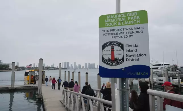 Passengers board the Miami Beach Water Taxi, Wednesday, Jan. 21, 2026, in Miami Beach, Fla. (AP Photo/Marta Lavandier)