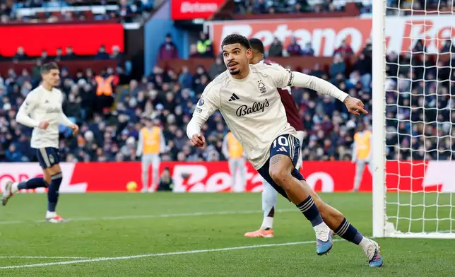 Nottingham Forest's Morgan Gibbs-White celebrates after scoring his sides first goal during their English Premier League soccer match against Aston Villa in Birmingham, England, Saturday, Jan. 3, 2026. (Cody Froggatt/PA via AP)