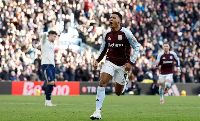 Aston Villa's Ollie Watkins celebrates after scoring his sides first goal during their English Premier League soccer match against Nottingham Forest in Birmingham, England, Saturday, Jan. 3, 2026. (Cody Froggatt/PA via AP) /PA via AP)