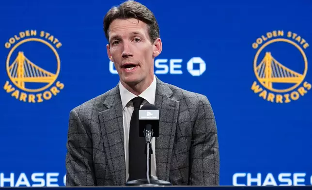 Golden State Warriors general manager Mike Dunleavy speaks to reporters before an NBA basketball game against the Toronto Raptors, Tuesday, Jan. 20, 2026, in San Francisco. (AP Photo/Godofredo A. Vásquez)